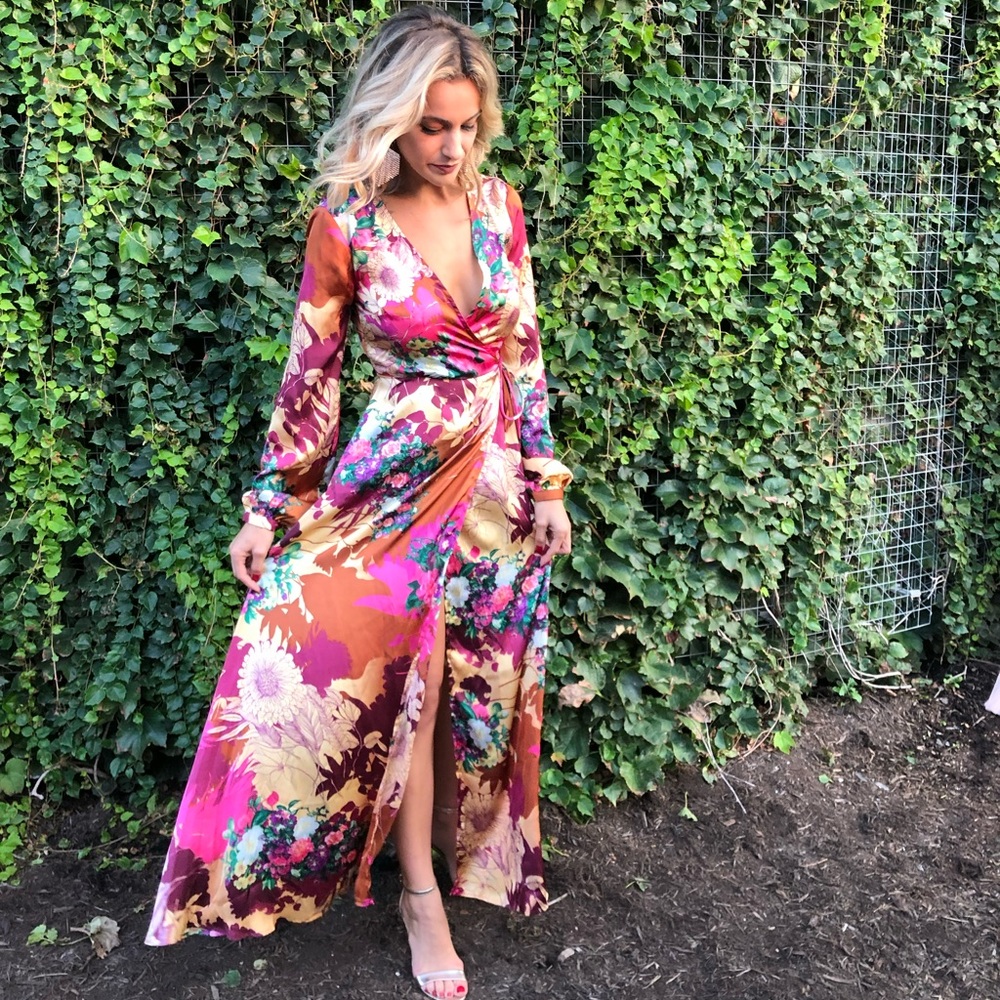 Lulus Floral Satin Long Sleeve Wrap Dress XS